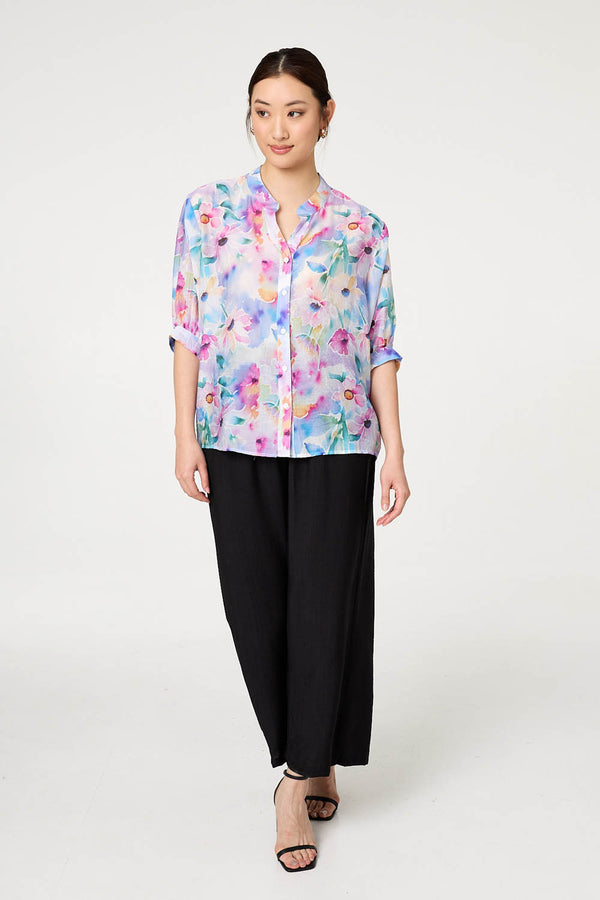 Blue | Floral 3/4 Sleeve Curved Hem Blouse