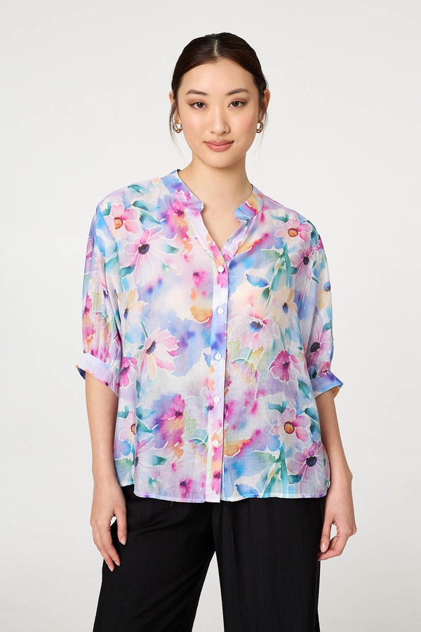 Blue | Floral 3/4 Sleeve Curved Hem Blouse