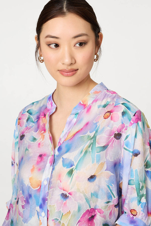 Blue | Floral 3/4 Sleeve Curved Hem Blouse