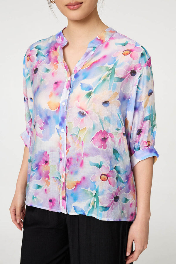 Blue | Floral 3/4 Sleeve Curved Hem Blouse