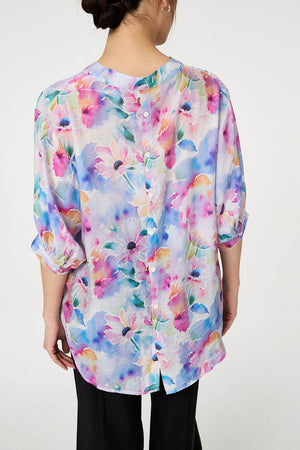 Blue | Floral 3/4 Sleeve Curved Hem Blouse
