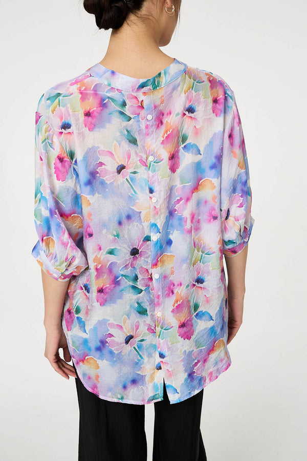 Blue | Floral 3/4 Sleeve Curved Hem Blouse