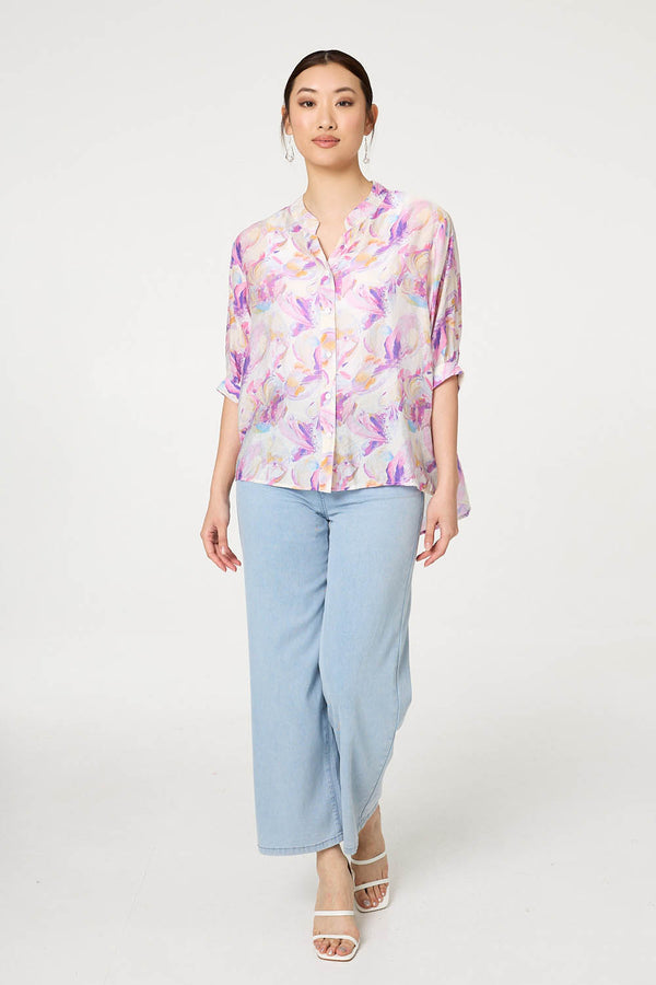 Pink | Abstract Curve Hem 3/4 Sleeve Blouse