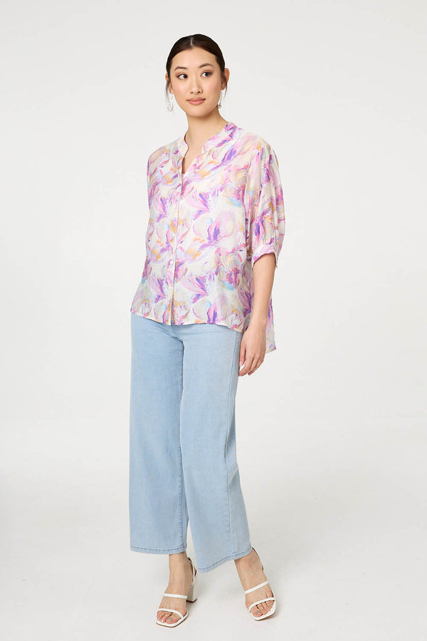 Pink | Abstract Curve Hem 3/4 Sleeve Blouse