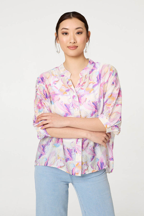 Pink | Abstract Curve Hem 3/4 Sleeve Blouse