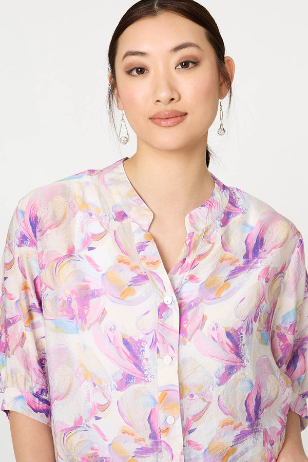 Pink | Abstract Curve Hem 3/4 Sleeve Blouse