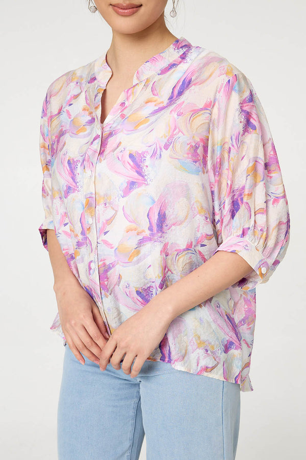 Pink | Abstract Curve Hem 3/4 Sleeve Blouse