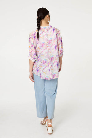 Pink | Abstract Curve Hem 3/4 Sleeve Blouse