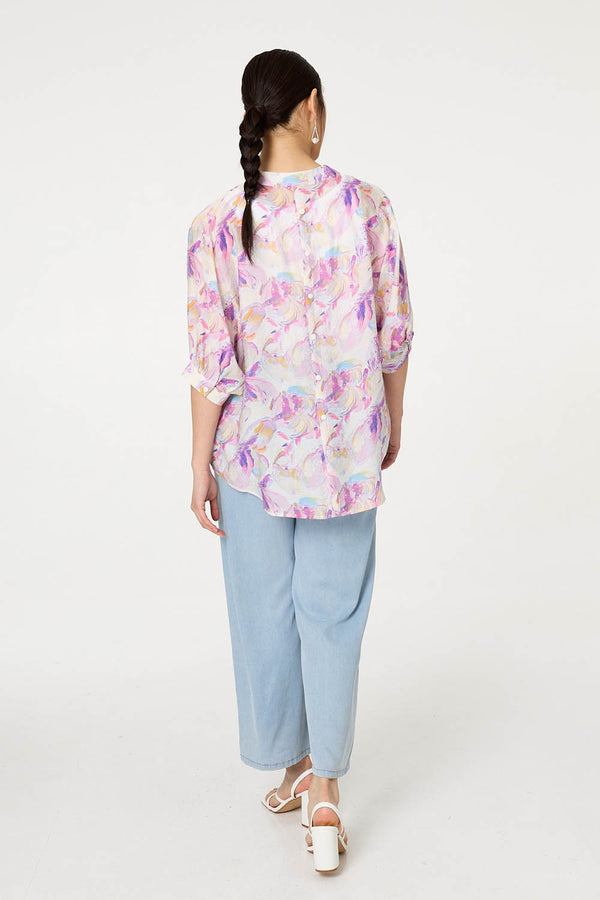 Pink | Abstract Curve Hem 3/4 Sleeve Blouse