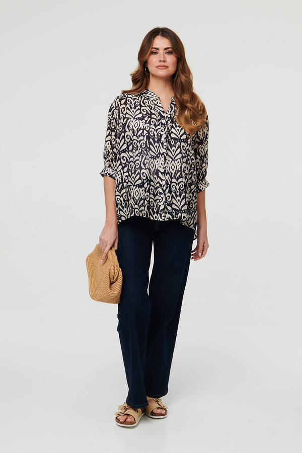 Navy | Printed Button 3/4 Sleeve Relaxed Blouse