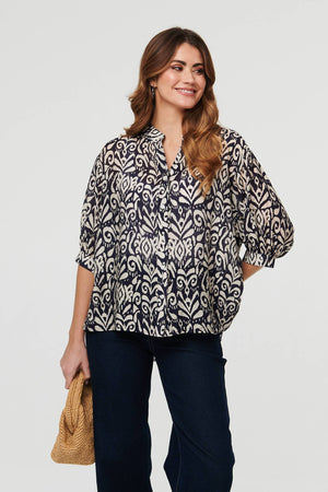 Navy | Printed Button 3/4 Sleeve Relaxed Blouse : Model is 5'9