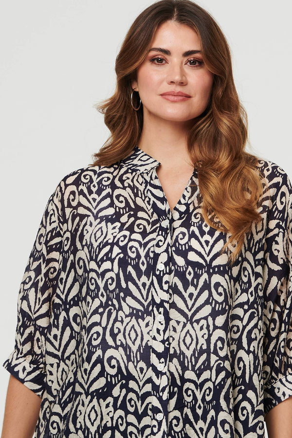Navy | Printed Button 3/4 Sleeve Relaxed Blouse