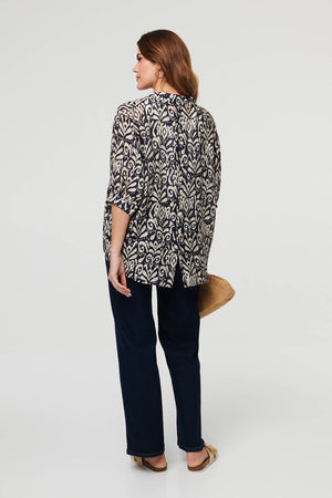 Navy | Printed Button 3/4 Sleeve Relaxed Blouse