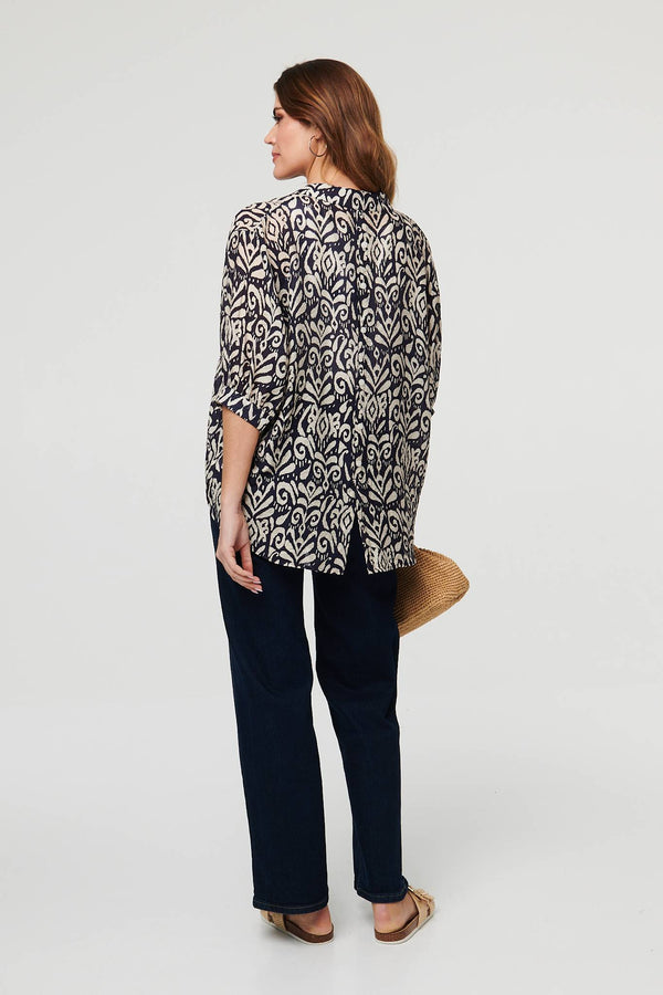 Navy | Printed Button 3/4 Sleeve Relaxed Blouse