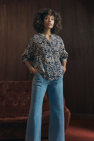 Navy | Printed Button 3/4 Sleeve Relaxed Blouse : Model is 5'8