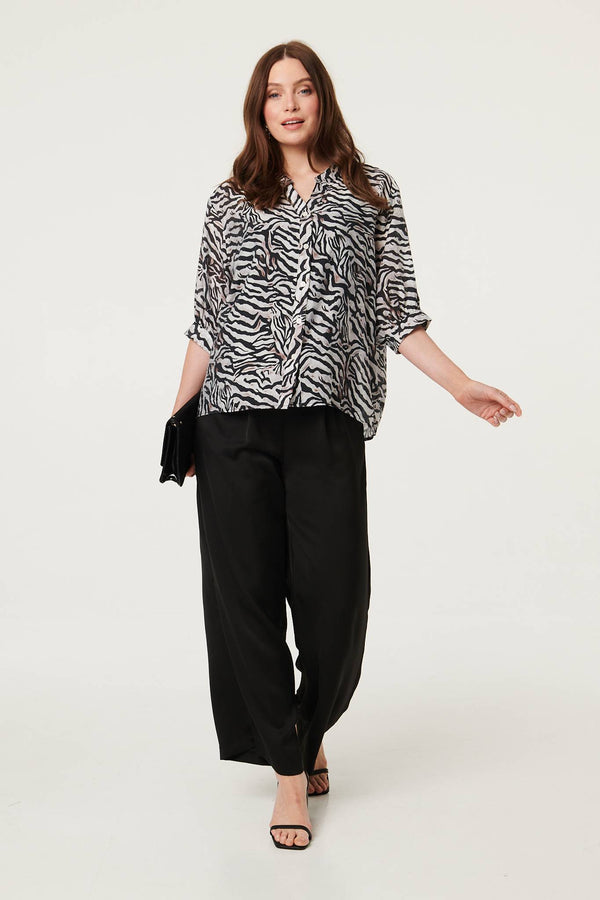 Black | Zebra Print Button Detail Relaxed Shirt

