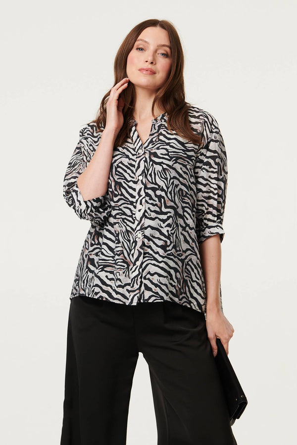 Black | Zebra Print Button Detail Relaxed Shirt
