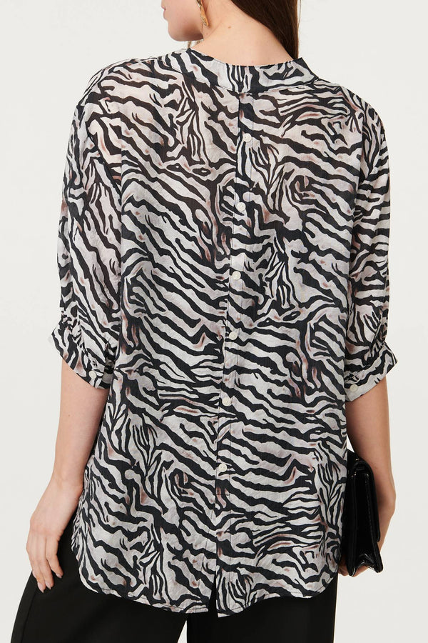 Black | Zebra Print Button Detail Relaxed Shirt
