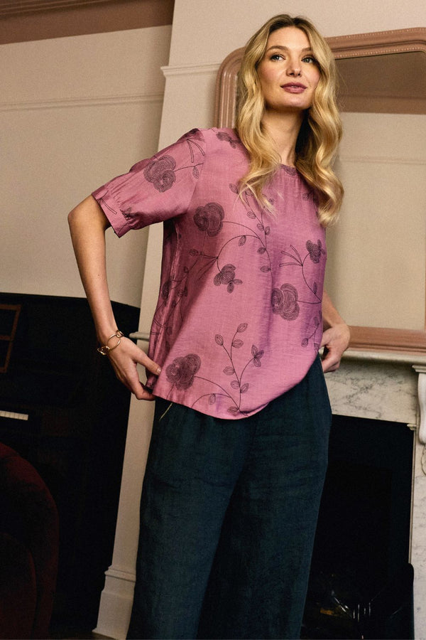 Pink | Floral Short Puff Sleeve Blouse Top : Model is 5'9"/175 cm and wears UK8/EU36/US4/AUS8