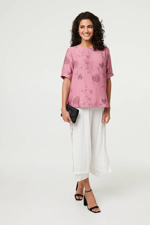 Pink | Floral Short Puff Sleeve Blouse Top
