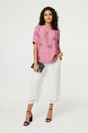 Pink | Floral Short Puff Sleeve Blouse Top
