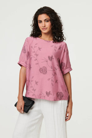 Pink | Floral Short Puff Sleeve Blouse Top : Model is 5'8
