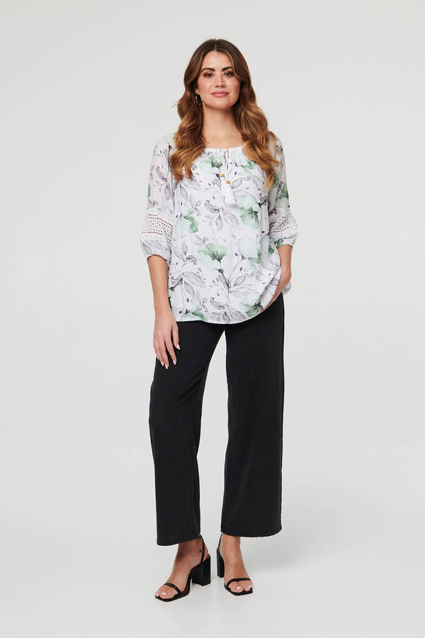 Green | Floral Lace Tie Front Relaxed Blouse