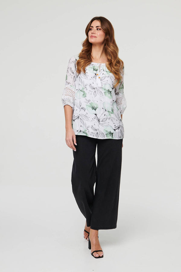 Green | Floral Lace Tie Front Relaxed Blouse