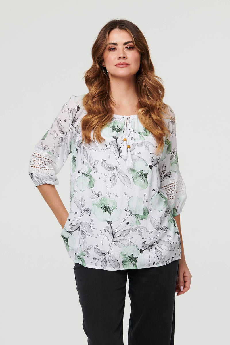 ENMAIN Women's Plus Size Tunic Tops 3/4 Sleeve Blouses Casual Grey Floral Swing Flare T Shirts 2xl