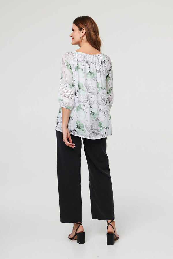 Green | Floral Lace Tie Front Relaxed Blouse