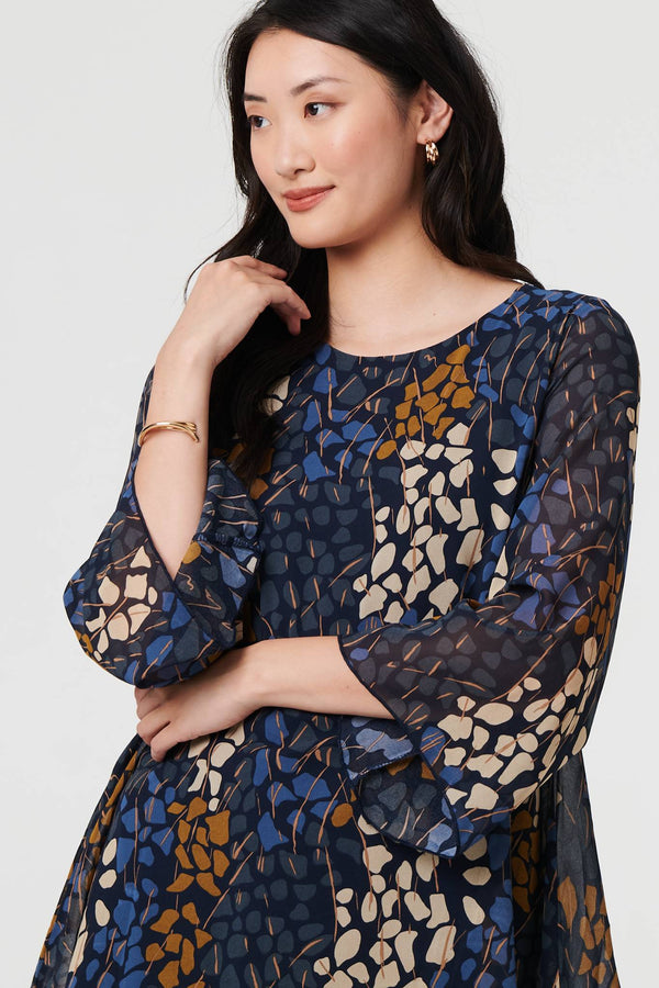 Navy | Printed Handkerchief Hem Longline Blouse
