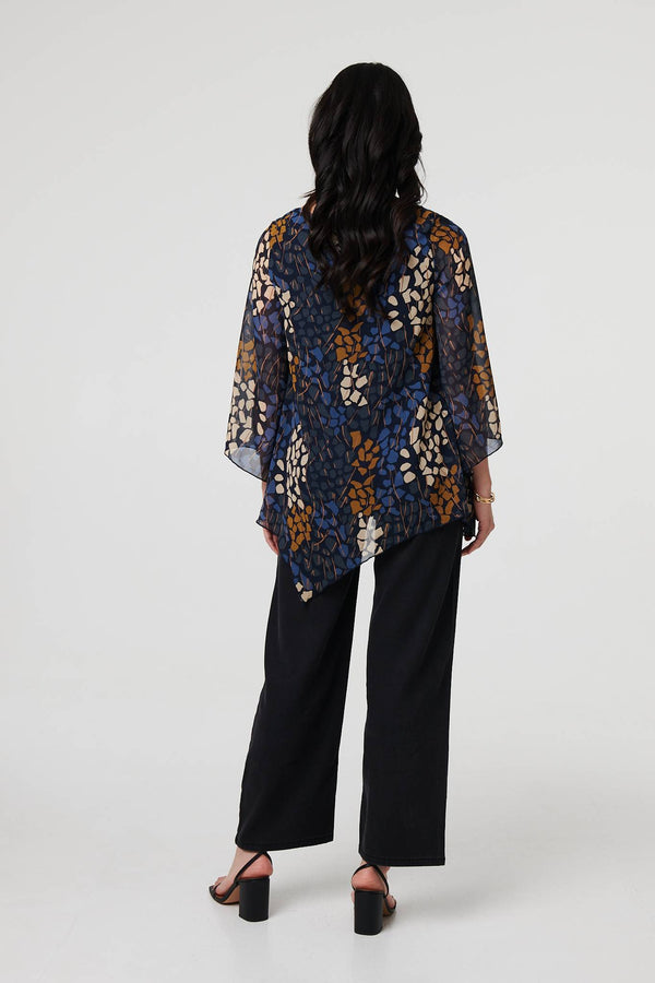 Navy | Printed Handkerchief Hem Longline Blouse
