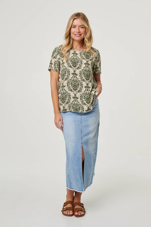 Green | Baroque Print Short Sleeve Relaxed Top
