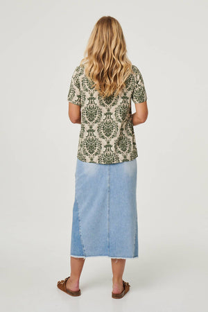 Green | Baroque Print Short Sleeve Relaxed Top
