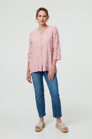 Pink | Ditsy Floral 3/4 Sleeve Curve Hem Top
