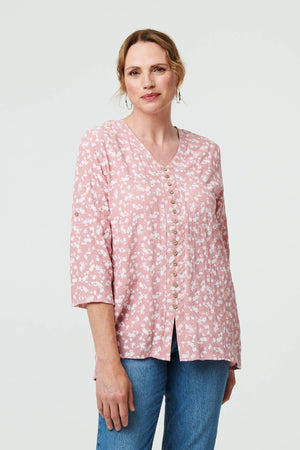 Pink | Ditsy Floral 3/4 Sleeve Curve Hem Top
