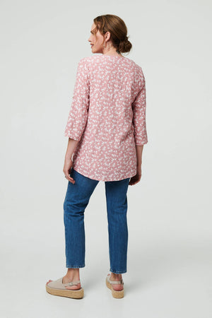 Pink | Ditsy Floral 3/4 Sleeve Curve Hem Top
