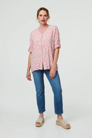 Pink | Ditsy Floral 3/4 Sleeve Curve Hem Top
