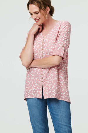 Pink | Ditsy Floral 3/4 Sleeve Curve Hem Top
