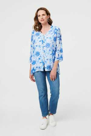 Blue | Floral Button Front Curve Hem Tunic
