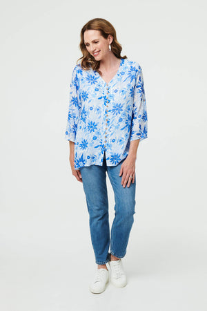 Blue | Floral Button Front Curve Hem Tunic
