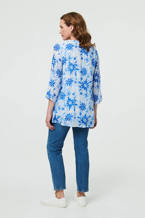 Blue | Floral Button Front Curve Hem Tunic
