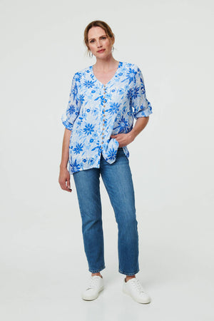 Blue | Floral Button Front Curve Hem Tunic
