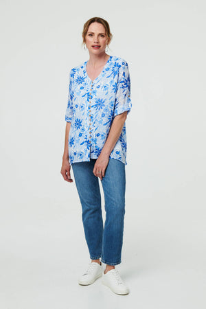Blue | Floral Button Front Curve Hem Tunic
