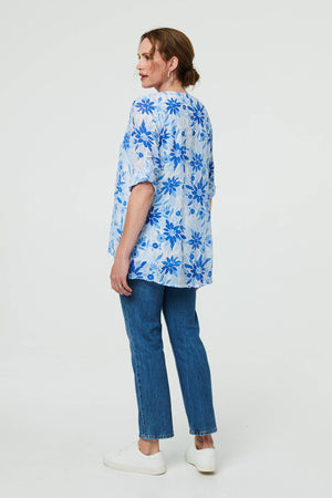 Blue | Floral Button Front Curve Hem Tunic

