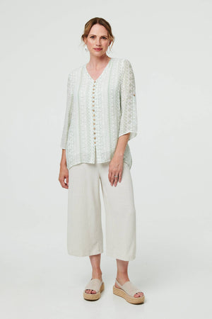 Sage | Printed Button Front Curve Hem Blouse
