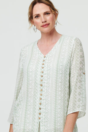 Sage | Printed Button Front Curve Hem Blouse

