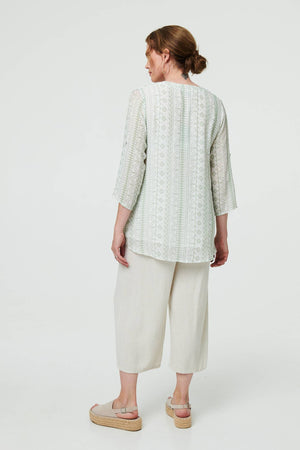 Sage | Printed Button Front Curve Hem Blouse
