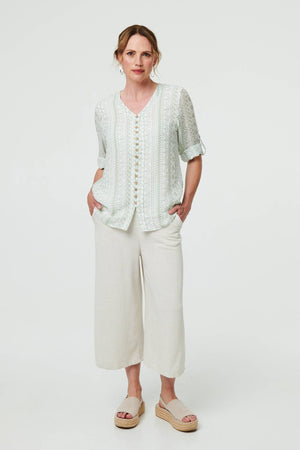 Sage | Printed Button Front Curve Hem Blouse
