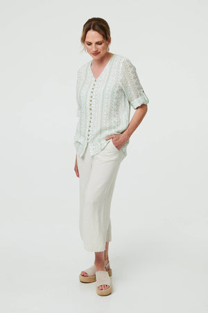 Sage | Printed Button Front Curve Hem Blouse
